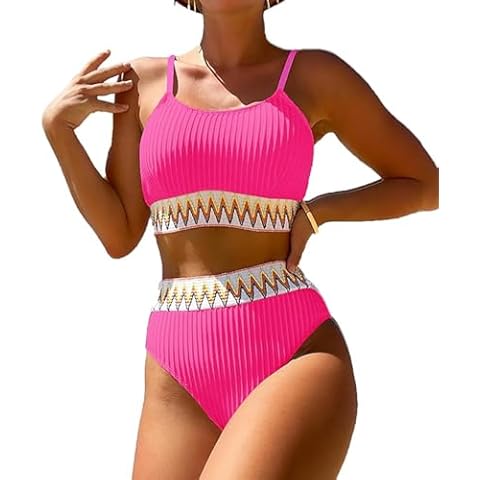 YELAIVP Women's Ribbed High Waisted Bikini Sets High Cut Tummy Control Swimsuit Bathing Suit Cover