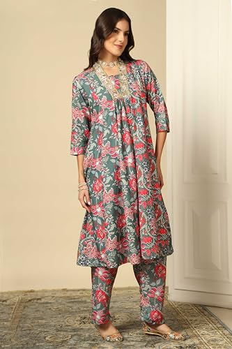 Greciilooks Women Semi Cotton Alia Cut Floral Printed Regular Fit Kurta Set (Olive,Large)