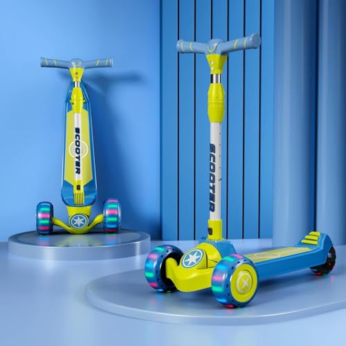Image of StarAndDaisy Kids Scooter 3-14 Years Girls & Boys / 3 Wheel LED Light Kick Skate Scooter for Kids with 5 Gear Height Adjustment, Upto 100Kg Weight Support Chassis, One Click Easy Fold - Blue & Yellow