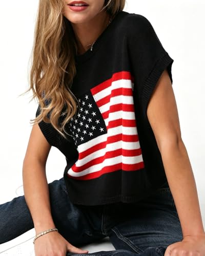Image of Womens American Flag Sweater Cap Sleeve Summer Crop Tops Crew Neck Loose Fit Knit Sweater Pullover Top