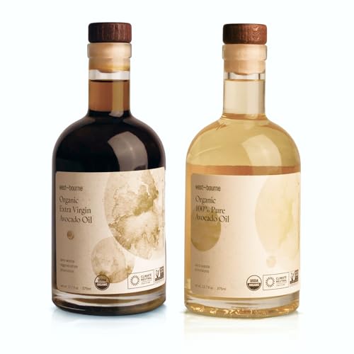 west~bourne Organic Avocado Oil Set - Cold Pressed 100% Pure Avocado Oil for High Heat Cooking and Organic Extra Virgin Oil for Finishing - 375ml Each - In Glass Bottles