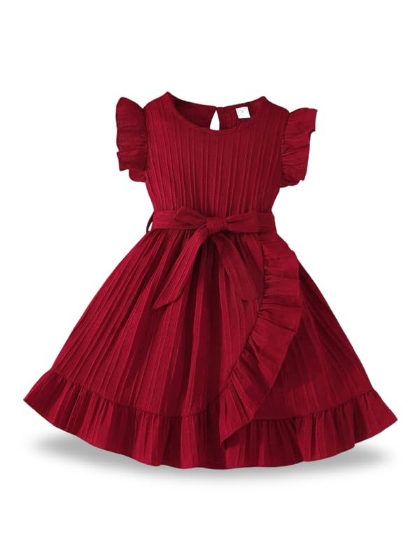 Image of Niren Enterprise Girls' Frill Pleated Design, Ruffle Sleeves, Bow Waist, Elegant Summer & Birthday Party Dress