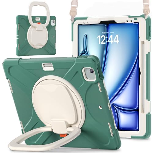 Étui iPad Air 13 M2 M3 M4 antichoc JZ avec support rotatif et bandoulière vert émeraude