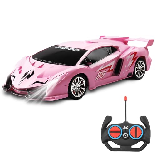 AVCXEC Coche teledirigido para niños, escala 1:18, coche teledirigido con luz, 2,4 GHz RC A-uto niños, para niños y niñas a partir de 3 años (rosa)
