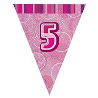 6 x 2.74m(54ft) Age Blue/Pink flags/Pennants Party Decorations Glitter Metallic Triangle Banner Flag Garland Pennant Bunting for Birthday Indoor/Outdoor/Garden Party Supplies (6 x Age 5 Pink)