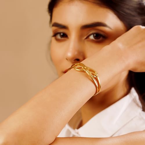 Image of VOYLLA Golden Intertwined Infinity Cuff Gold Plated Bracelet for Women Designer Love Bracelet Women's Day Gift for Her Girlfriend Wife Anniversary Birthday Jewellery