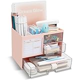RISEMART Desk Organiser with 3 Drawers, Desk Tidy Organiser with Pen Holder, Large Capacity Desktop Organizer Stationery Storage Box for School Office Home Makeup Desk Supplies (Pink)