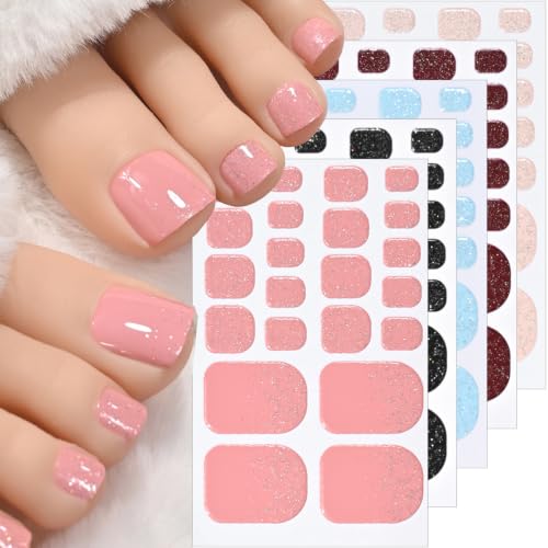 BUNLVDI Color Gel Toenail Stickers, 5 Sheets Full Nail Wraps Gel Nail Stickers with 2 Nail Stripe Sheets,Full Wrap Nail Polish Strips, Glitter Toe Nail Wraps for Women Beach Vacation Holiday Party