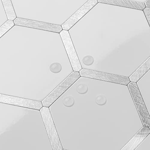 Dicofun 10-Sheet Hexagon Peel And Stick Backsplash Tile, Polished White Tile Look Mixed Metal Silver Kitchen Backsplash Peel And Stick Wall Tiles #TOP2