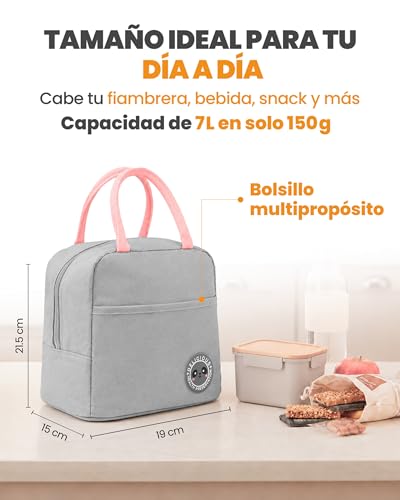 Miniatura 2 de Unycos - Bolsa Térmica Porta Alimentos 7l Nevera Portátil Con Aislamiento, Lunch Box Impermeable, Hermética E Isotérmica, Porta Fiambrera Para Almuerzo, Oficina, Viaje, Pícnic O Colegio Gris Rosa