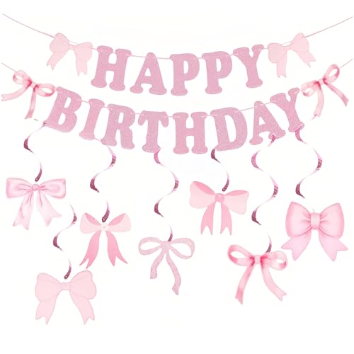 24 Piezas Decoración de Cumpleaños con Lazo Rosa, Banner de Feliz Cumpleaños, Guirnalda con Lazo Rosa, para Mujeres y Niñas, Baby Shower