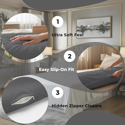 Image of ROYALE LINENS Body Pillow Cover - Double Brushed 1800 Microfiber - 20 inchx54 inch with Hidden Zipper Closure - Wrinkle & Fade Resistant - Super Soft Body Pillowcase 2 Pack (Grey, Pack of 2)