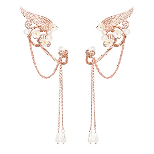 Selfwimg Angel Wings Wrap Earrings Elf Fairy Ear Cuffs For Women Girls, Handmade Metal Bird Wings Pearls Tassel Drop Dangle Earrings Elven Accessories Costume Vintage Jewelry #TOP15