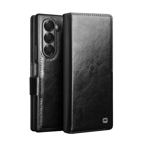 Étui portefeuille en cuir véritable noir compatible Samsung Z Fold 6 avec clapet