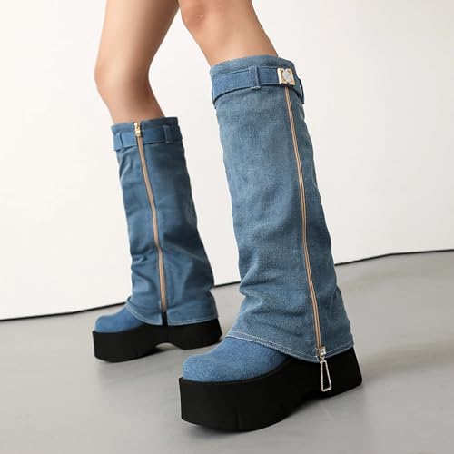 MRKEWUNEY Fashion Fold Over Knee High Boots for Women Wedge Heel Denim Knee High Boots Wide Mid Calf Boots4
