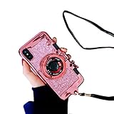 MeiQing iPhone Xs Max case, New Modern 3D Vintage Style Bling Camera Design Soft Cover with Strap Rope and a Screen protector For 6.5