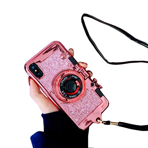 MeiQing iPhone Xs Max case, New Modern 3D Vintage Style Bling Camera Design Soft Cover with Strap Rope and a Screen protector For 6.5" iPhone XS Max (Pink)