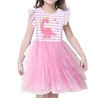 VASCHY Dress for Girls, Cute Girls Sequin Tulle Ruffle Sleeve Princess Outfit Party Clothes,Toddler/Little/Big Kid Girls Clothing Dinosaur Size 8T