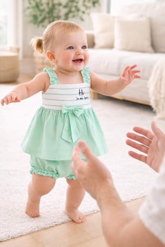 Image of Baby Girls Frock Dress with Bloomer Set | Short Sleeve Polka Dot Inner Layer & Bow Detail Special for 0-6 Months