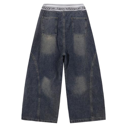 Double Waist Sweatpants Wide Leg Denim Pants with Elastic Drawstring Double Waisted Washed Sweatpant Jeans2