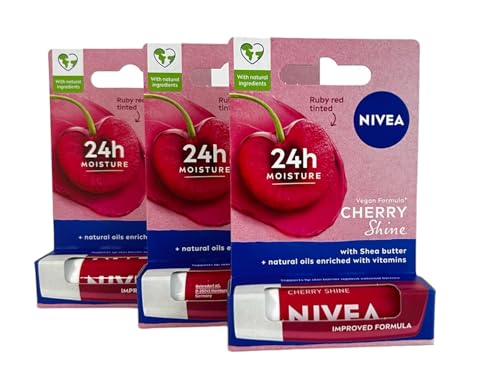 Nivea Lipcare Lipbalm 4,8gr Cherry Nourishing Hydrating Mineral Oil Free Tinted Lips Feel Soft and Smooth, With Fruity Scent of Sweet Cherries (Pack of 3)