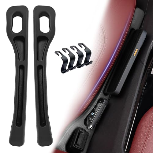 Upgraded 2pcs Car Seat Gap Filler with 4 Headrest Hooks, Universal Fit Side Gap Filler for Car, SUV, 4WD | Car Accessories Interior Organiser for Phone, Keys-Stops Items Falling into Gap Seat Console