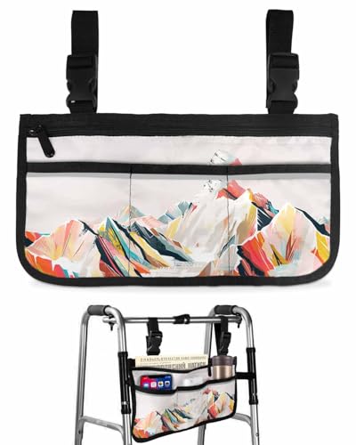 Abstract Wheelchair Bag with Cup Holder Walker Bag Reflective Stripes for Seniors Wheel Chair Accessories Modern Oil Painting Style Colorful Snowy Mountains Orange Yellow Wheelchair Side Bag