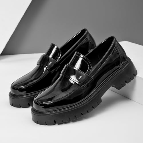 Men's Patent Leather Platform Penny Loafers Fashion Round Toe Slip-On Lug Sole Dress Shoes for Business Work Daily Wear3
