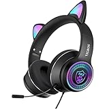 Cat Ear Gaming Headphones Wired AUX 3.5mm with LED Light, VIGROS Flashing Stereo Game Headphones Surround Sound Over-Ear Headsets with Microphone Fit Kids & Adult for PC, PS4, Switch, Mobile, Laptop