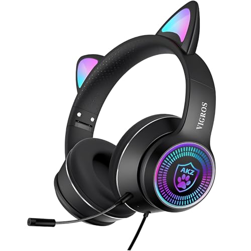 Cat Ear Gaming Headphones Wired AUX 3.5mm with LED Light, VIGROS Flashing Stereo Game Headphones Surround Sound Over-Ear Headsets with Microphone Fit Kids & Adult for PC, PS4, Switch, Mobile, Laptop