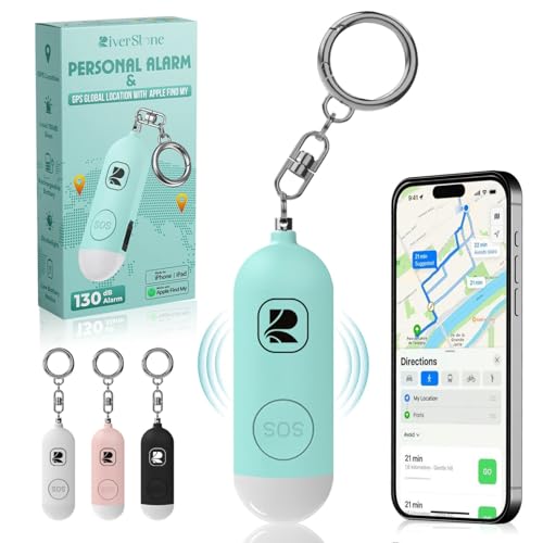 River Stone   Alarma de seguridad personal de 130 dB para Apple FindMy iOS (14.5+), llavero localizador antiagresión, sirena de emergencia para mujer, niño y adulto mayor, localización, autodefensa