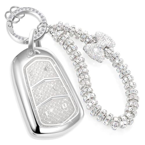 Image of for Cadillac Key Fob Cover with Fashionable Zirconia Wristlet KeyChain, Enchanting Diamond Patterns Soft Case for Escalade ATS XT4 /5 /6 XTS SRX STS (White, A2)