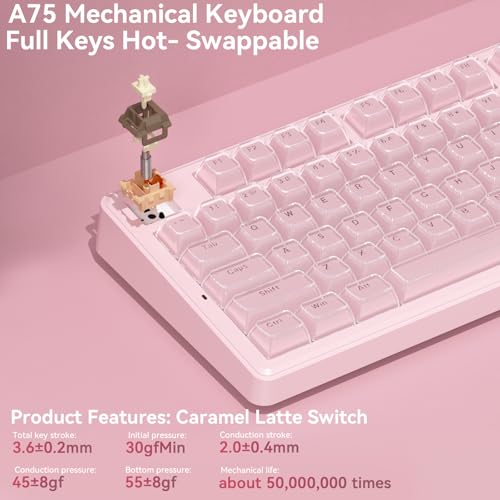 Image of SOLAKAKA A75 Wireless Gaming Keyboard with Multifunction Knob, BT5.0 /2.4GHz /USB-C, 75% Mechanical Keyboard, Hot-Swappable, Gasket Creamy Keyboard with RGB Backlit, Crystal Keycaps, for PC /Mac /PC