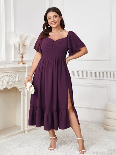 Image of SCOMCHIC Womens Plus Size Wedding Guest Cocktail Dresses Sweetheart Neckline Short Sleeve Smocked Ruffle Slit Maxi Dress