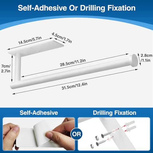 Image of Paper Towel Holder - Self-Adhesive or Drilling, White, Wall Mounted, SUS304 Stainless Steel Kitchen Roll Dispenser Under Cabinet