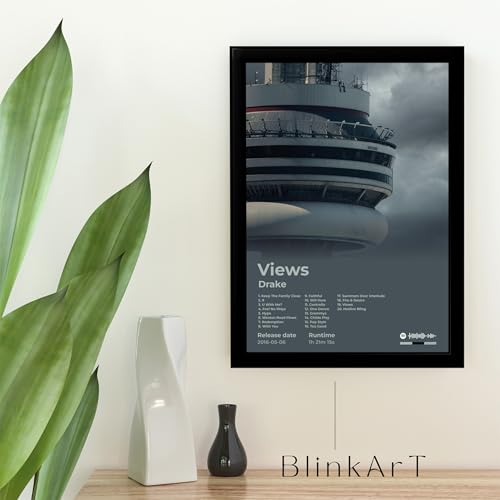 Image of BLINKART Drake - Views Wall Photo Frames | Wall Art for Bedroom, Living Room, Studio or Office | Album Cover Print with Spotify Song Link QR Code | Gift for Fans - 8x12 In