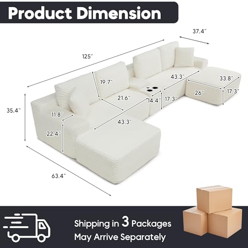 Image of 125 Inch Modular Sectional Sofa, Modern Oversized Corduroy Cloud Couch with 2 Ottomans, Cup Holders and USB Ports, U Shape Couch Boneless Couches for Living Room, No Assembly Required, Beige