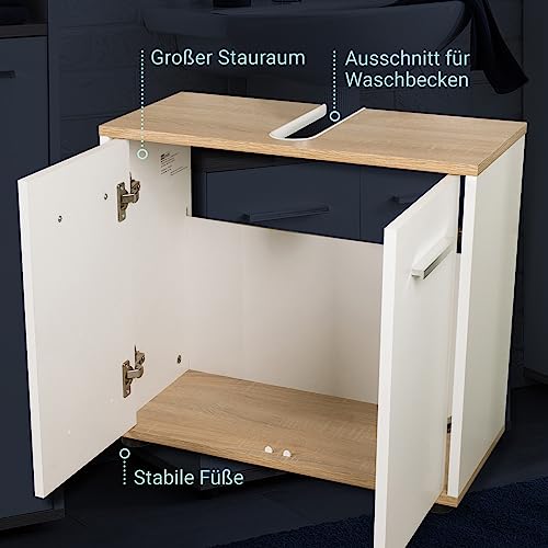 BadeDu Arc Waschbeckenunterschrank freistehend mit Chromgriffen, Badezimmerschrank mit viel Stauraum, Unterschrank aus hochwertigem Holzwerkstoff in trendigem Weiß/Eiche