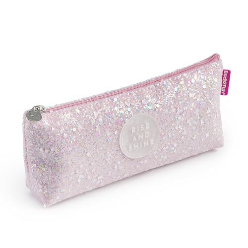 Back2Fun - Dreieckiges Glitzer-Federmäppchen, Einzelfach-Etui, Größe 200 x 80 x 35 mm, Glitzer-Federmäppchen, Metall-Zipper, Reißverschluss, Hübsche Papeterie, Rosa