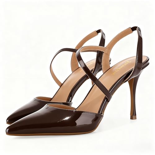 Image of Closed Toe Slingback Heels Wedding High Stiletto Heel for Women 3.3 Inch Ankle Strap Pointed Toe Pumps Prom Dress Bride Shoes for Dinner Party Sexy Coffee Patent