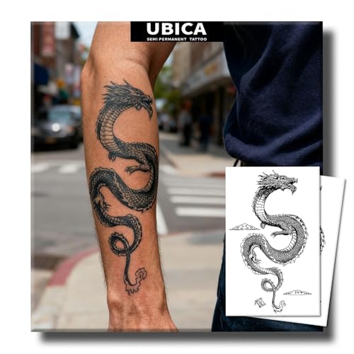 UBICA 2 Sheets Large Semi Permanent Tattoo, Dragon Design Black Realistic Temporary Tattoo for Men Women Adult, Lasts 7-15 Days Realistic Fake Tattoos Stickers, Waterproof & Non-Reflective