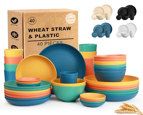 BUSOKIP Wheat Straw Dinnerware Sets 40 Piece Kitchen Plates and Bowls Set Unbreakable Dishes Set for 8 Microwave and Dishwahser Safe Dishware Sets for Home Camping RV Party - Multi