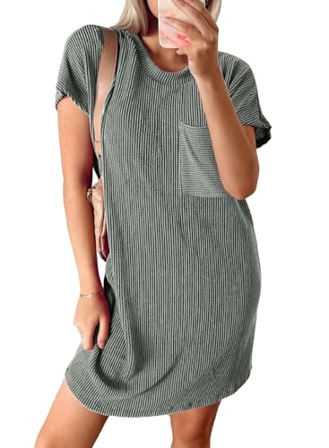 Image of Acelitt Womens Casual Summer Crewneck Short Sleeve Ribbed Mini Tshirt Dress, XS-3XL