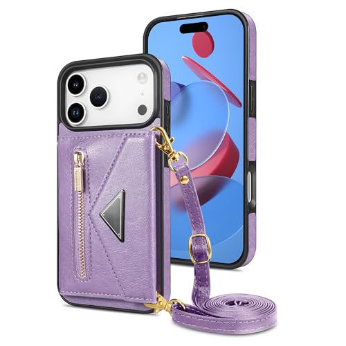Étui porte-cartes iPhone 15 Pro violet antichoc avec support vidéo et dragonne