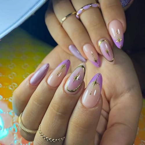 BABALAL Purple Press on False Nails Medium Almond Fake Nails Lavender Glue on Acrylic Nails French Tip Stick on Supplies Y2k Star 24Pcs Stiletto Full Cover Artificial for Women Girls