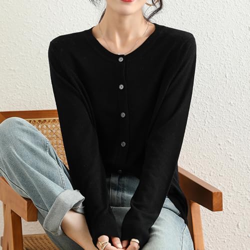 Women's 100% Merino Wool Crew Neck Cardigan Sweater Top Long Sleeve Button Down 20254