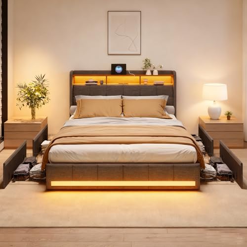 BRYXR Boxspringbett 140x200 mit Lattenrost,Stilvolles Polsterbett mit Stauraum, 4 Schubladen, Individueller LED-Beleuchtung, USB und Typ-C-Anschlüssen, Modernes Graues Design für optimalen Komfort BRYXR Boxspringbett 140x200 mit Lattenrost,Stilvolles Polsterbett mit Stauraum, 4 Schubladen, Individueller LED-Beleuchtung, USB und Typ-C-Anschlüssen, Modernes Graues Design für optimalen Komfort