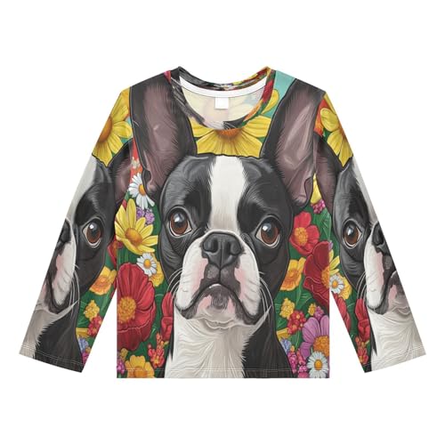 Boston Terrier Yellow Rash Guard Shirt for Boys Sun Protection Shirt for Running Swiming Pool UPF50+ 5-6T