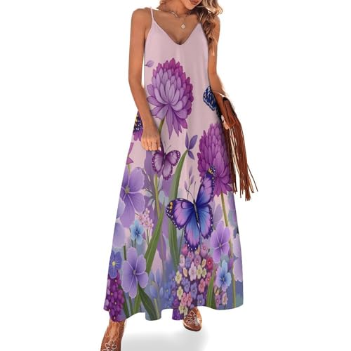 Robe maxi col en V sans manches pour femme motif aquarelle violet