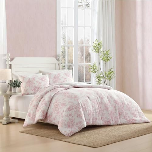 Laura Ashley - Comforter Set, Soft Poly Waffle Textured Bedding with Matching Shams, Delicate Floral Design (Delphine Pastel Pink, Full/Queen)